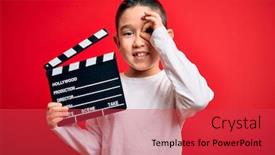  Presentation with director - Cool new presentation design with young-little-boy-kid-filming backdrop and a red colored foreground
