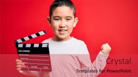  Presentation with clapboard - Colorful theme enhanced with young-little-boy-kid-filming backdrop and a red colored foreground