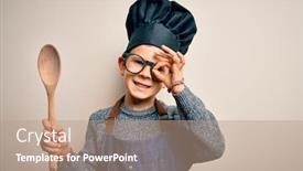  Presentation with kid chef - Beautiful PPT theme featuring young-little-caucasian-cook-kid backdrop and a coral colored foreground