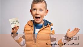  Presentation with violence - Beautiful PPT theme featuring young-little-caucasian-kid-asking backdrop and a coral colored foreground