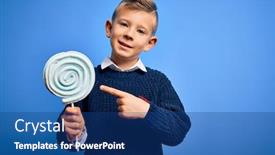  Presentation with sweet candy - Colorful presentation theme enhanced with young-little-caucasian-kid-eating backdrop and a ocean colored foreground