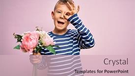  Presentation with hand holding flowers - Theme consisting of young-little-caucasian-kid-holding background and a lemonade colored foreground