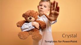  Presentation with teddy bear - PPT theme enhanced with young-little-caucasian-kid-hugging background and a gold colored foreground