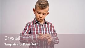  Presentation with blue eyes - PPT theme with young-little-caucasian-kid background and a gray colored foreground