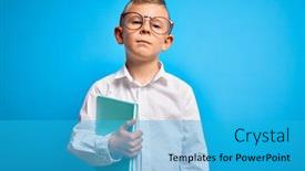  Presentation with book glasses - PPT theme consisting of young-little-caucasian-student-kid background and a teal colored foreground