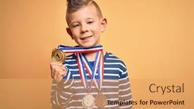  Presentation with award winner - Beautiful PPT layouts featuring young-little-caucasian-winner-kid backdrop and a yellow colored foreground