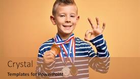  Presentation with award winner - Audience pleasing presentation design consisting of young-little-caucasian-winner-kid backdrop and a coral colored foreground