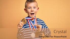  Presentation with award winner - Beautiful PPT theme featuring young-little-caucasian-winner-kid backdrop and a yellow colored foreground