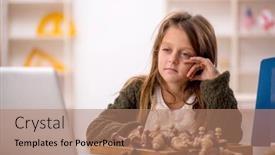  Presentation with chess - Presentation theme featuring young-little-girl-playing-chess background and a coral colored foreground