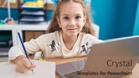  Presentation with standing sitting - Presentation theme featuring young-little-girl-sitting background and a coral colored foreground