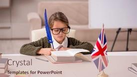  Presentation with language english - Presentation theme featuring young-little-girl-studying-english background and a coral colored foreground