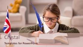  Presentation with language english - Slides featuring young-little-girl-studying-english background and a coral colored foreground