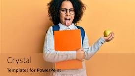  Presentation with school apple - PPT theme featuring young-little-girl-with-afro background and a coral colored foreground
