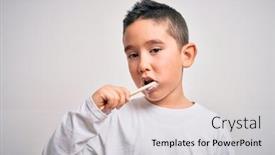  Presentation with tooth paste - Beautiful slide set featuring young-little-kid-boy-brushing backdrop and a light gray colored foreground