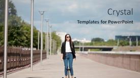  Presentation with gyroscope - PPT layouts enhanced with young-long-haired-woman background and a light blue colored foreground