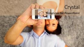  Presentation with selfie - Slides featuring young love - couple lying on the floor background and a coral colored foreground