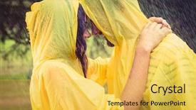  Presentation with wearing swimming goggles and cap - Colorful presentation enhanced with young love - cute couple wearing protection cape backdrop and a yellow colored foreground