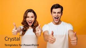  Presentation with young happy couple - Presentation theme featuring young lovely couple showing thumb background and a yellow colored foreground