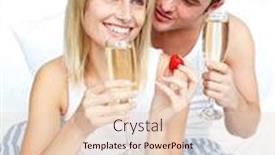  Presentation with lovers - Slide set featuring young lovers eating strawberries and drinking champagne in bed background and a lemonade colored foreground