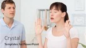  Presentation with dispute - Slide deck with young lovers having dispute in the kitchen at home background and a lemonade colored foreground