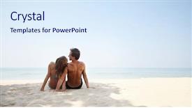  Presentation with lovers - Theme enhanced with young lovers sitting on warm sand at sunny day background and a sky blue colored foreground