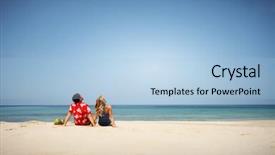  Presentation with lovers - Beautiful presentation theme featuring young lovers sitting on warm sand at sunny day and looking to somewhere backdrop and a light blue colored foreground