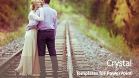  Presentation with railway - PPT theme featuring young loving couple having a walk on the railway in summertime background and a gray colored foreground