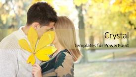  Presentation with hidden - Colorful PPT theme enhanced with young loving couple kissing behind big leaf hidden kiss backdrop and a yellow colored foreground