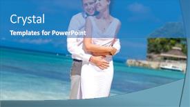  Presentation with beach wedding - PPT theme enhanced with young loving couple on their wedding day outdoor beach wedding in tropics background and a teal colored foreground