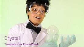  Presentation with mad scientist - Cool new presentation theme with young mad scientist astonished at a giant bubble emerging from the beaker he's holding backdrop and a pink colored foreground