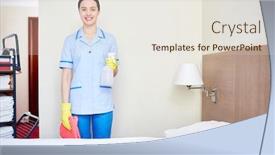  Presentation with disinfectant - PPT layouts having young maid in uniform holding disinfectant and sponge background and a lemonade colored foreground