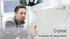  Presentation with repair shop - Presentation theme featuring young maintenance engineer examining car background and a light gray colored foreground