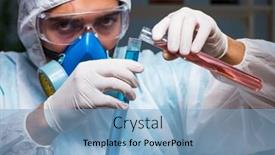  Presentation with scientist - Slides enhanced with young make scientist working with dangerous hazardous substa background and a light blue colored foreground