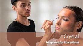  Presentation with makeup artist - Colorful presentation design enhanced with young-makeup-artist-with-brush backdrop and a coral colored foreground