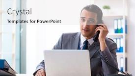  Presentation with accountant - Presentation design consisting of young male accountant working in the office background and a light gray colored foreground