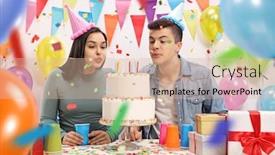  Presentation with birthday cake - Colorful PPT theme enhanced with young-male-and-female-celebrating backdrop and a lemonade colored foreground