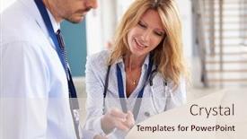  Presentation with consulting - PPT theme with young male and female doctors consulting notes at meeting background and a lemonade colored foreground