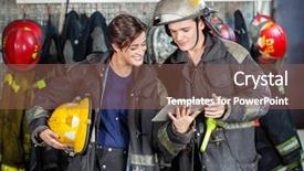  Presentation with fire station - Slide deck enhanced with young male and female firefighters background and a violet colored foreground