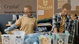  Presentation with garbage bins - Presentation with young-male-and-female-volunteers background and a coral colored foreground