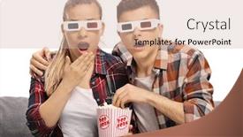  Presentation with popcorn movie - PPT layouts with young male and female watching a 3d movie and eating popcorn isolated on white background background and a soft green colored foreground