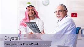  Presentation with arab - Colorful presentation design enhanced with young-male-arab-visiting-experienced backdrop and a light blue colored foreground