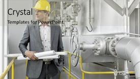  Presentation with machinery - Cool new presentation with young male architect holding rolled up blueprints by industrial machinery backdrop and a light gray colored foreground