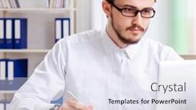  Presentation with young students working in groups - Slide set enhanced with young-male-architect-working background and a sky blue colored foreground