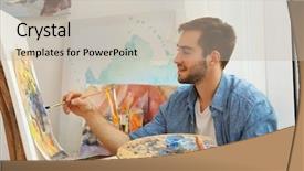 Presentation with art historical painting - Theme with young male artist painting picture background and a soft green colored foreground