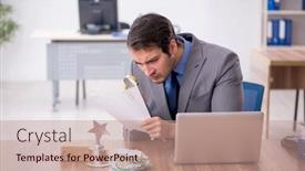  Presentation with workplace - PPT theme consisting of young-male-auditor-holding-loupe background and a coral colored foreground