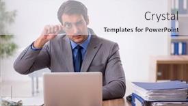  Presentation with workplace - Theme enhanced with young-male-auditor-holding-loupe background and a sky blue colored foreground