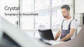  Presentation with computer repair - Slide set consisting of young male automobile mechanic using computer in repair shop background and a white colored foreground