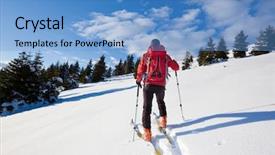  Presentation with backcountry - PPT theme enhanced with young male backcountry skier moving up in a snowy woods of pine background and a light blue colored foreground