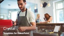  Presentation with coffee container - PPT theme enhanced with young male barista pouring coffee in container at cafe background and a tawny brown colored foreground