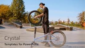  Presentation with bmx - Presentation design consisting of young-male-bmx-biker-adjusts background and a light gray colored foreground